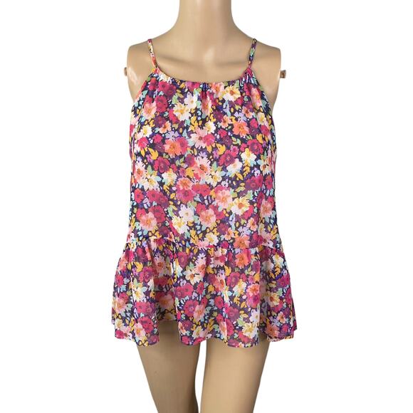 NWT Veronica M Pink Ditsy Floral Ruffle Peplum Tank Top Women's S - Picture 1 of 5